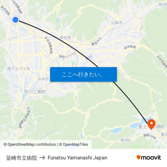 韮崎市立病院 to Funatsu Yamanashi Japan map