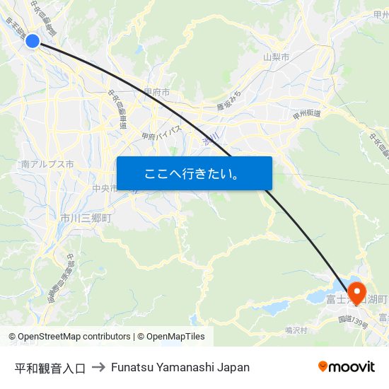 平和観音入口 to Funatsu Yamanashi Japan map