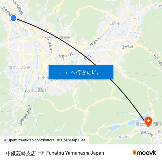 中銀韮崎支店 to Funatsu Yamanashi Japan map