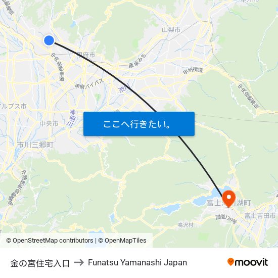 金の宮住宅入口 to Funatsu Yamanashi Japan map
