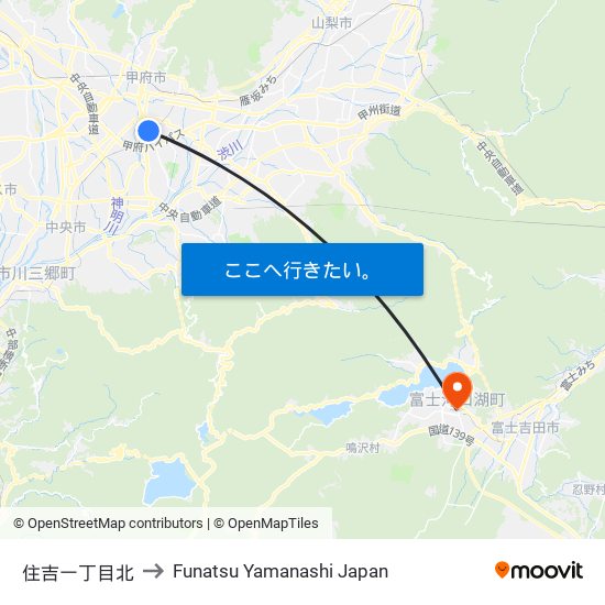 住吉一丁目北 to Funatsu Yamanashi Japan map