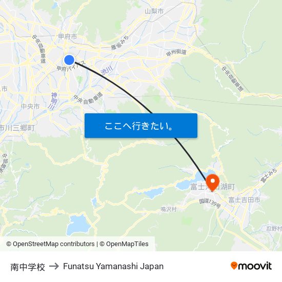 南中学校 to Funatsu Yamanashi Japan map