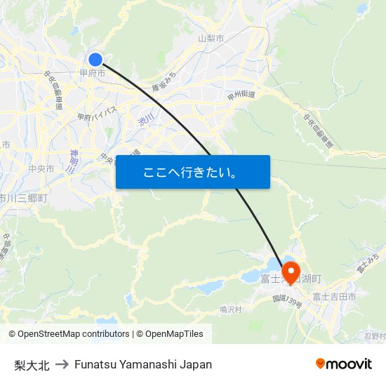 梨大北 to Funatsu Yamanashi Japan map