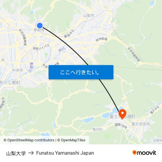 山梨大学 to Funatsu Yamanashi Japan map