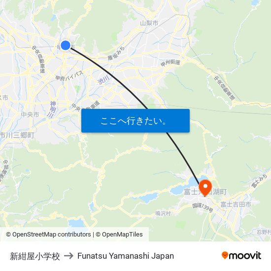 新紺屋小学校 to Funatsu Yamanashi Japan map