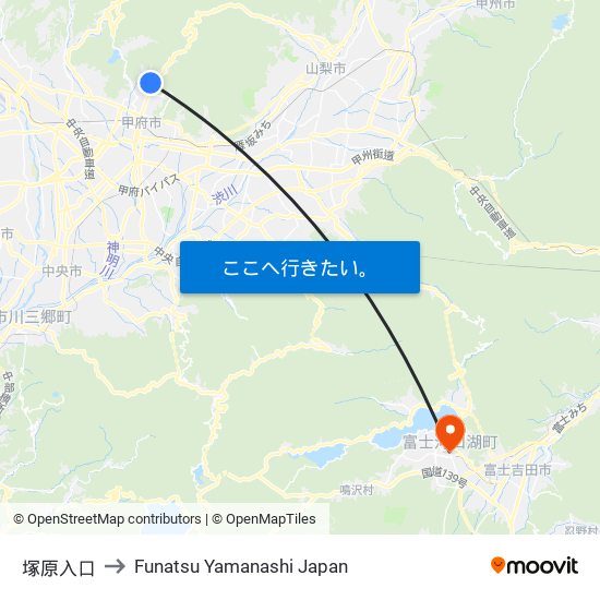 塚原入口 to Funatsu Yamanashi Japan map