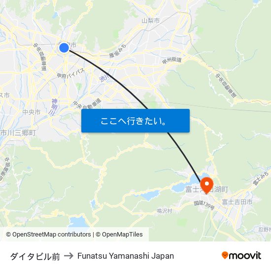 ダイタビル前 to Funatsu Yamanashi Japan map
