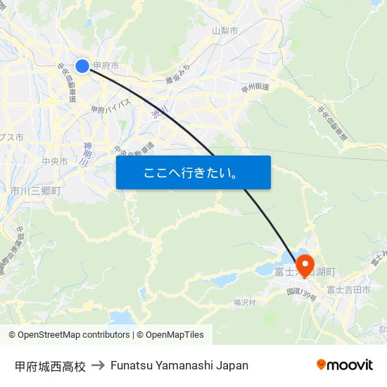 甲府城西高校 to Funatsu Yamanashi Japan map