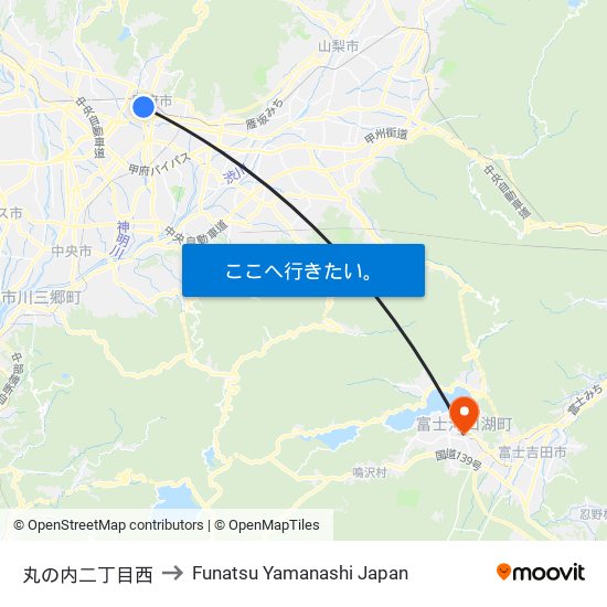 丸の内二丁目西 to Funatsu Yamanashi Japan map