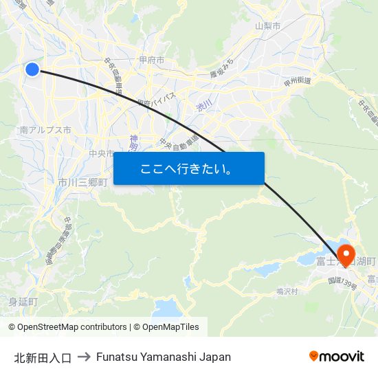 北新田入口 to Funatsu Yamanashi Japan map