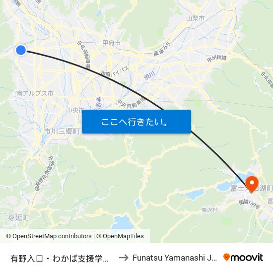 有野入口・わかば支援学校入口 to Funatsu Yamanashi Japan map