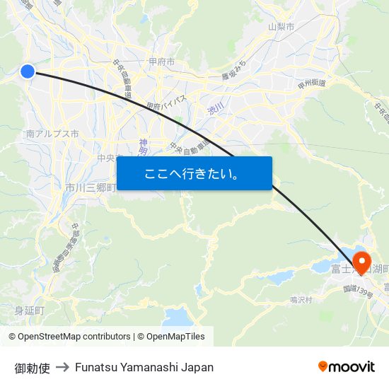 御勅使 to Funatsu Yamanashi Japan map