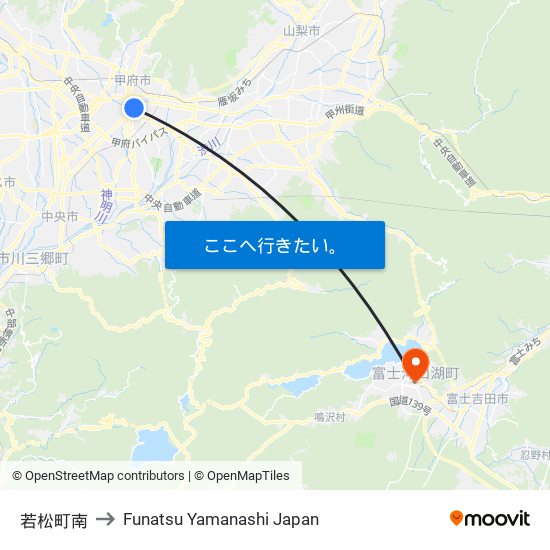 若松町南 to Funatsu Yamanashi Japan map