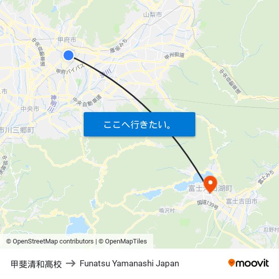 甲斐清和高校 to Funatsu Yamanashi Japan map