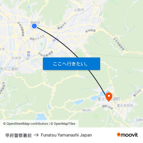 甲府警察署前 to Funatsu Yamanashi Japan map