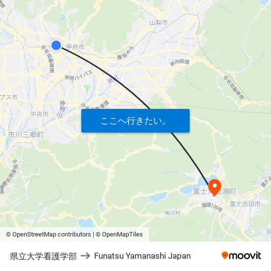 県立大学看護学部 to Funatsu Yamanashi Japan map