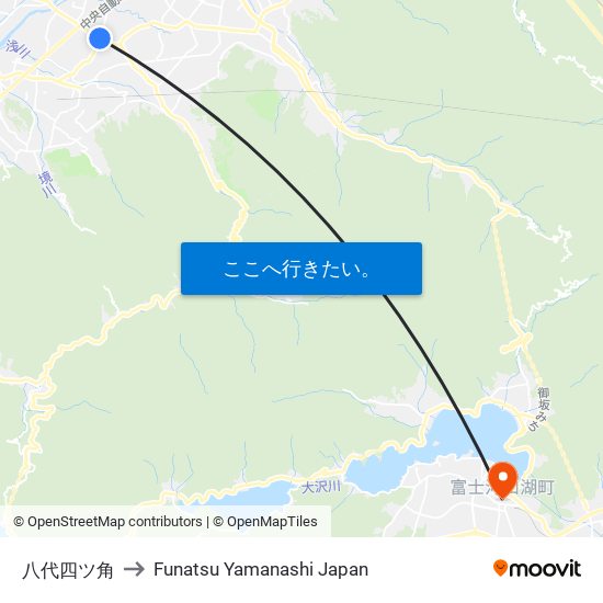 八代四ツ角 to Funatsu Yamanashi Japan map