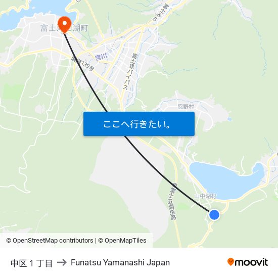 中区１丁目 to Funatsu Yamanashi Japan map