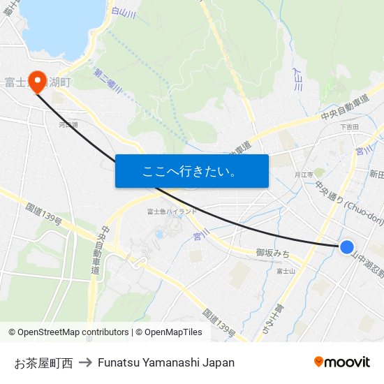 お茶屋町西 to Funatsu Yamanashi Japan map