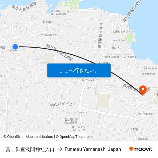 冨士御室浅間神社入口 to Funatsu Yamanashi Japan map