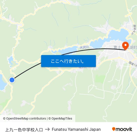 上九一色中学校入口 to Funatsu Yamanashi Japan map