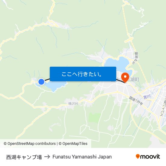 西湖キャンプ場 to Funatsu Yamanashi Japan map