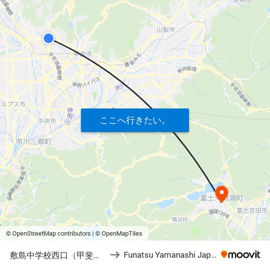 敷島中学校西口（甲斐市） to Funatsu Yamanashi Japan map