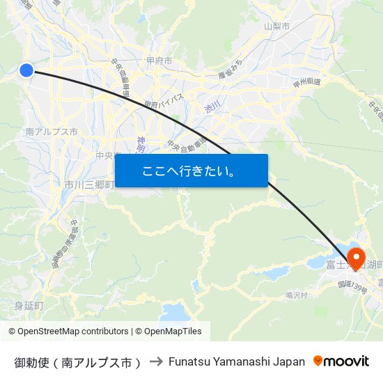 御勅使（南アルプス市） to Funatsu Yamanashi Japan map