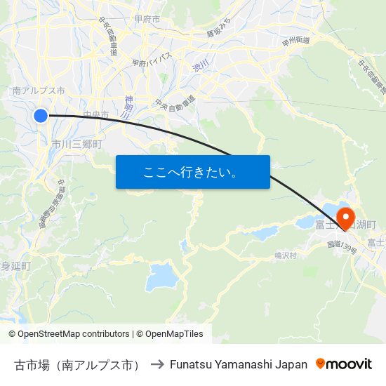 古市場（南アルプス市） to Funatsu Yamanashi Japan map