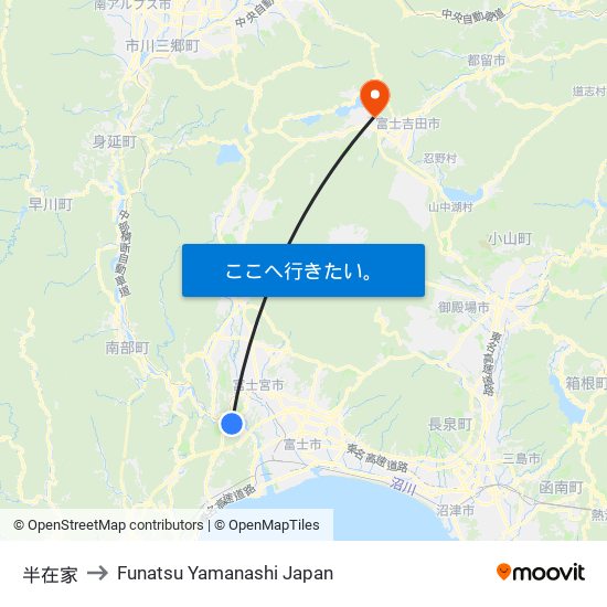 半在家 to Funatsu Yamanashi Japan map