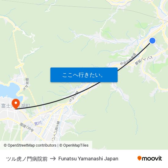 ツル虎ノ門病院前 to Funatsu Yamanashi Japan map