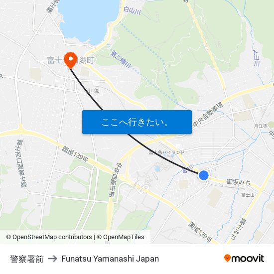 警察署前 to Funatsu Yamanashi Japan map