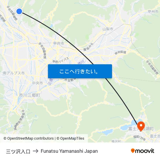 三ツ沢入口 to Funatsu Yamanashi Japan map