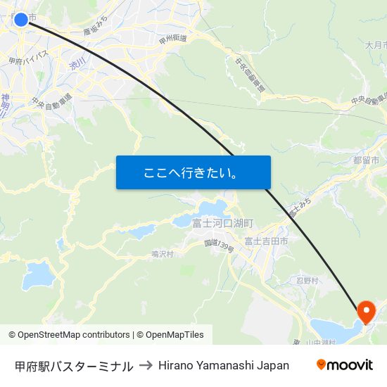 甲府駅バスターミナル to Hirano Yamanashi Japan map