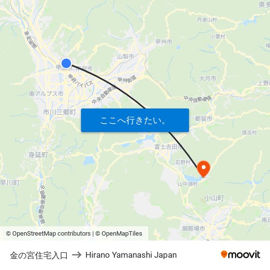 金の宮住宅入口 to Hirano Yamanashi Japan map