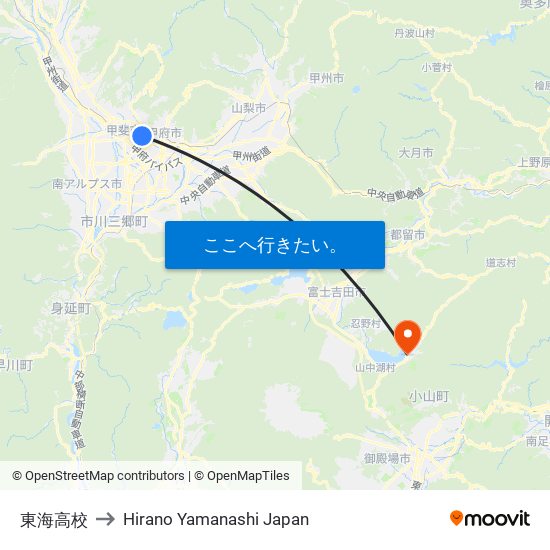 東海高校 to Hirano Yamanashi Japan map