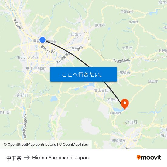 中下条 to Hirano Yamanashi Japan map