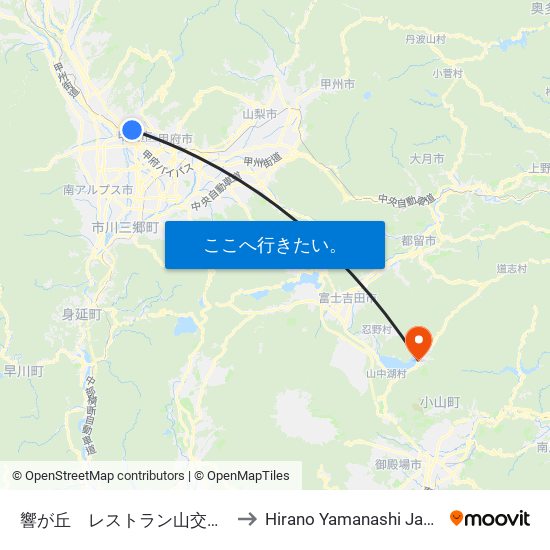 響が丘　レストラン山交入口 to Hirano Yamanashi Japan map