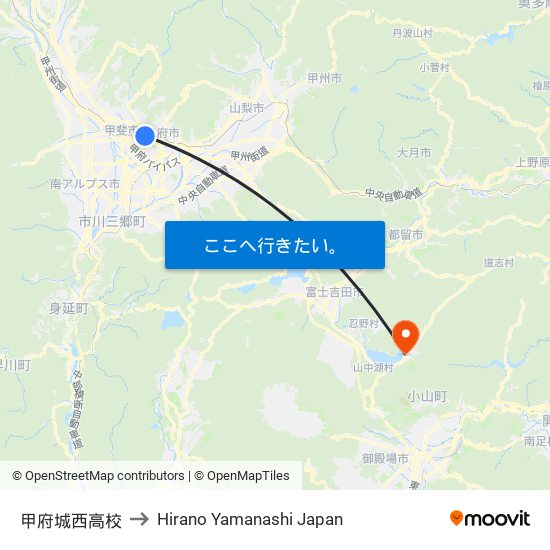 甲府城西高校 to Hirano Yamanashi Japan map