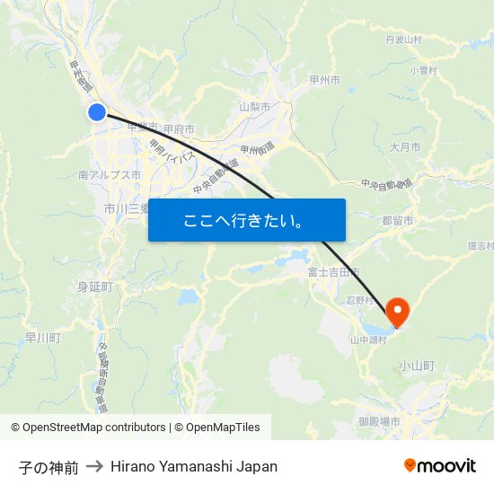 子の神前 to Hirano Yamanashi Japan map