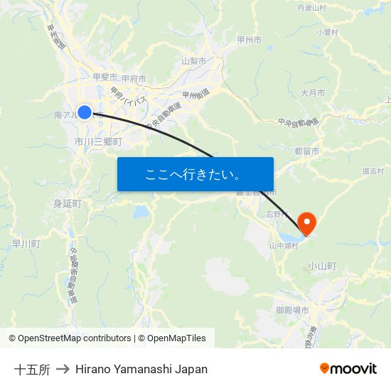 十五所 to Hirano Yamanashi Japan map