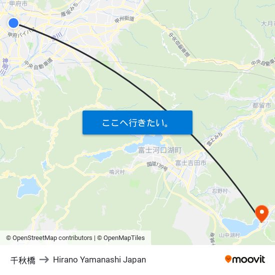 千秋橋 to Hirano Yamanashi Japan map