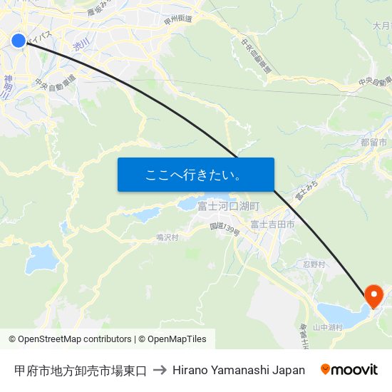 甲府市地方卸売市場東口 to Hirano Yamanashi Japan map