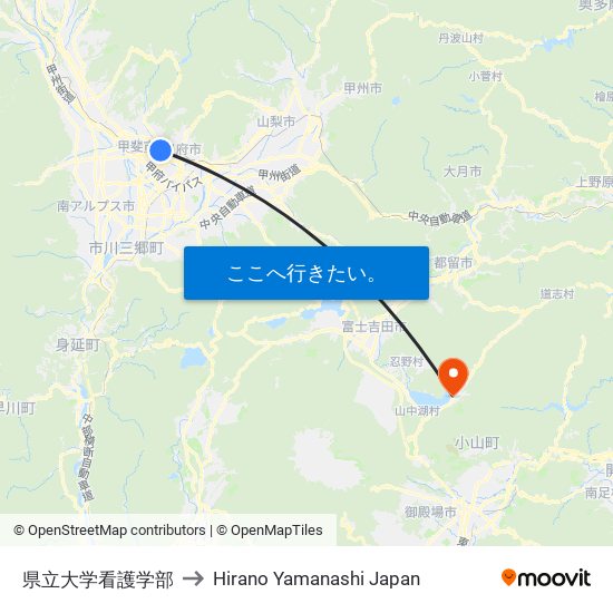 県立大学看護学部 to Hirano Yamanashi Japan map