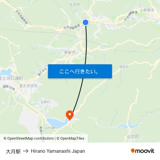 大月駅 to Hirano Yamanashi Japan map