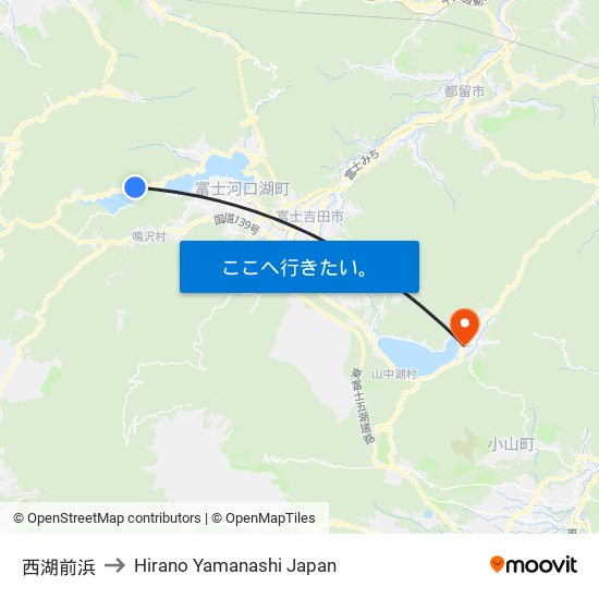 西湖前浜 to Hirano Yamanashi Japan map