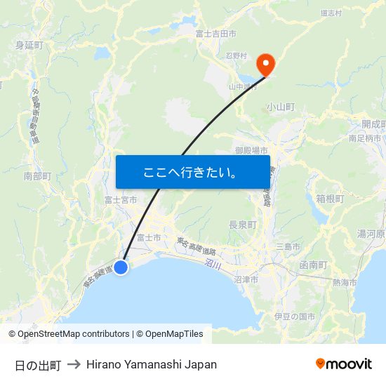 日の出町 to Hirano Yamanashi Japan map