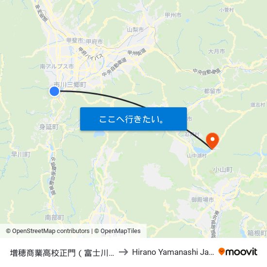 増穂商業高校正門（富士川町） to Hirano Yamanashi Japan map