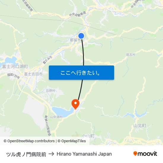 ツル虎ノ門病院前 to Hirano Yamanashi Japan map