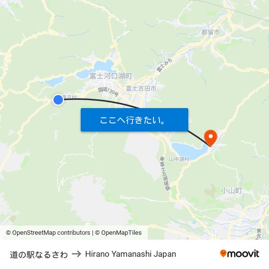 道の駅なるさわ to Hirano Yamanashi Japan map